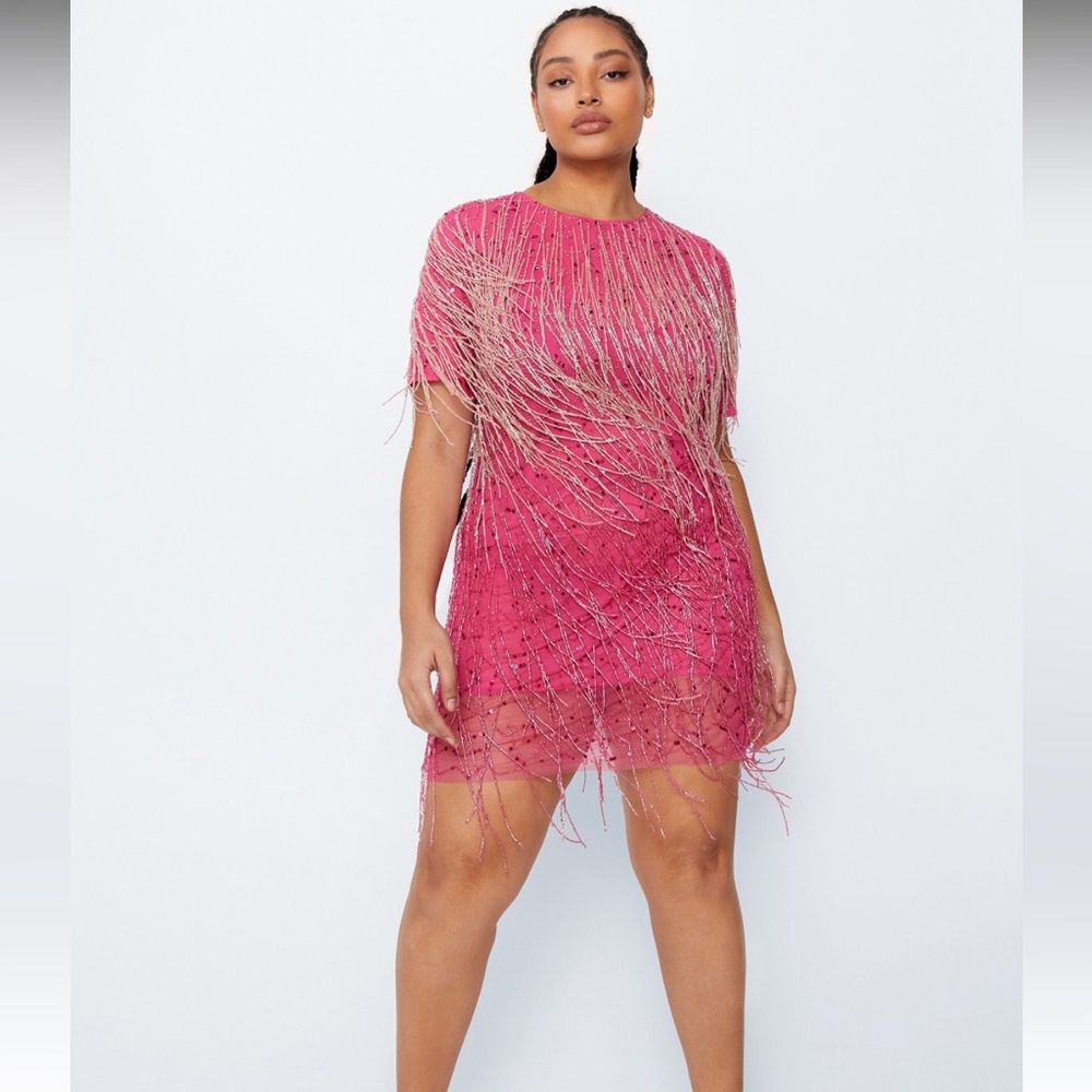 Nasty Gal Plus Size Tassel Beaded Mini Shift Dress Hot Pink Size 16 NWT